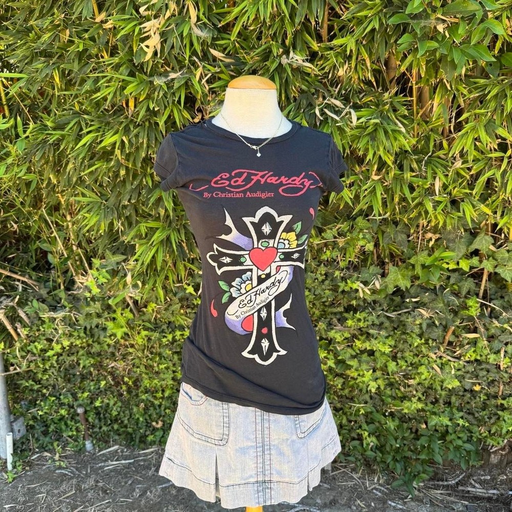 ed hardy by christian audigier black distressed baby tee cross and heart